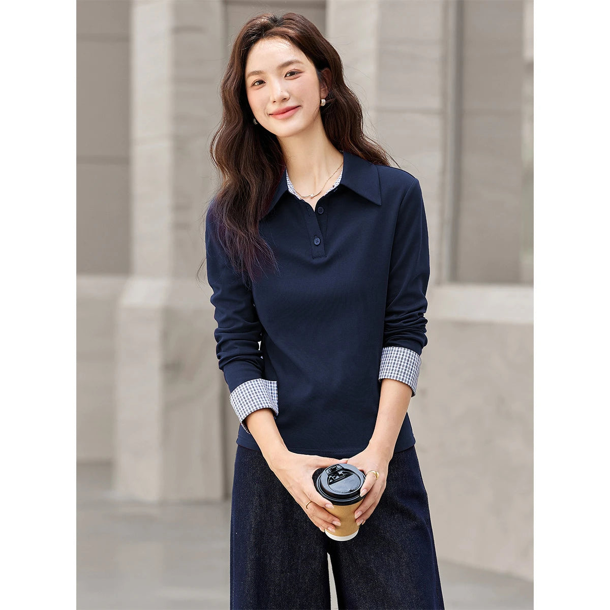 VIMLY Long Sleeve Knitted T-shirt Autumn 2026 Woman Casual New Turn-down Neck Gingham Cuff Strecth Female Tees Ladies Tops A2105