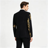 Men's Black Velvet Blazer with Gold Floral Embroidery, Slim Fit Suit Jacket for Wedding, Party, Banquet, Prom