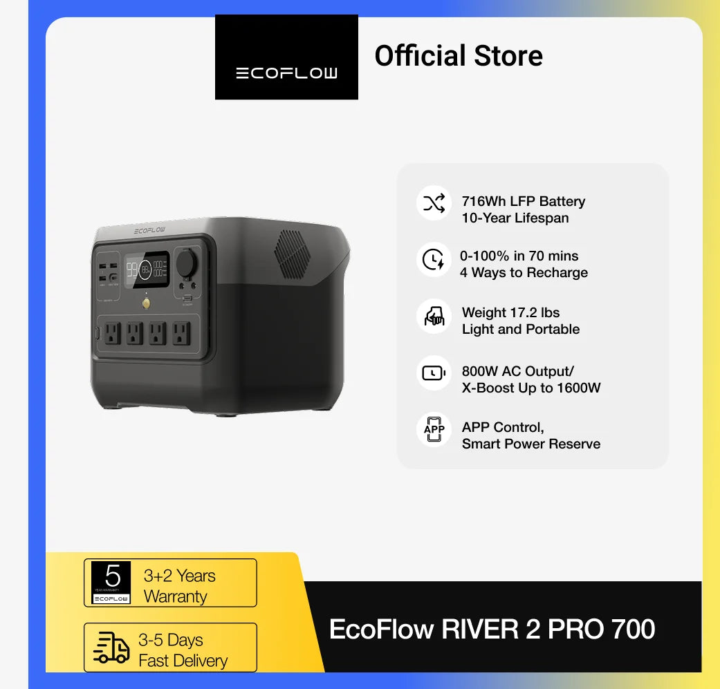 ECOFLOW Portable Power Station RIVER 2 Pro 700, 716Wh LiFePO4 Battery, 4x800W AC Outlets, Solar Generator
