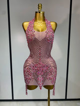 Women Sexy Halter Crystal Bodycon Mini Dress Celebrate Nightclub Performance Stage Outfit Luxury Birthday Photo Shoot Dress