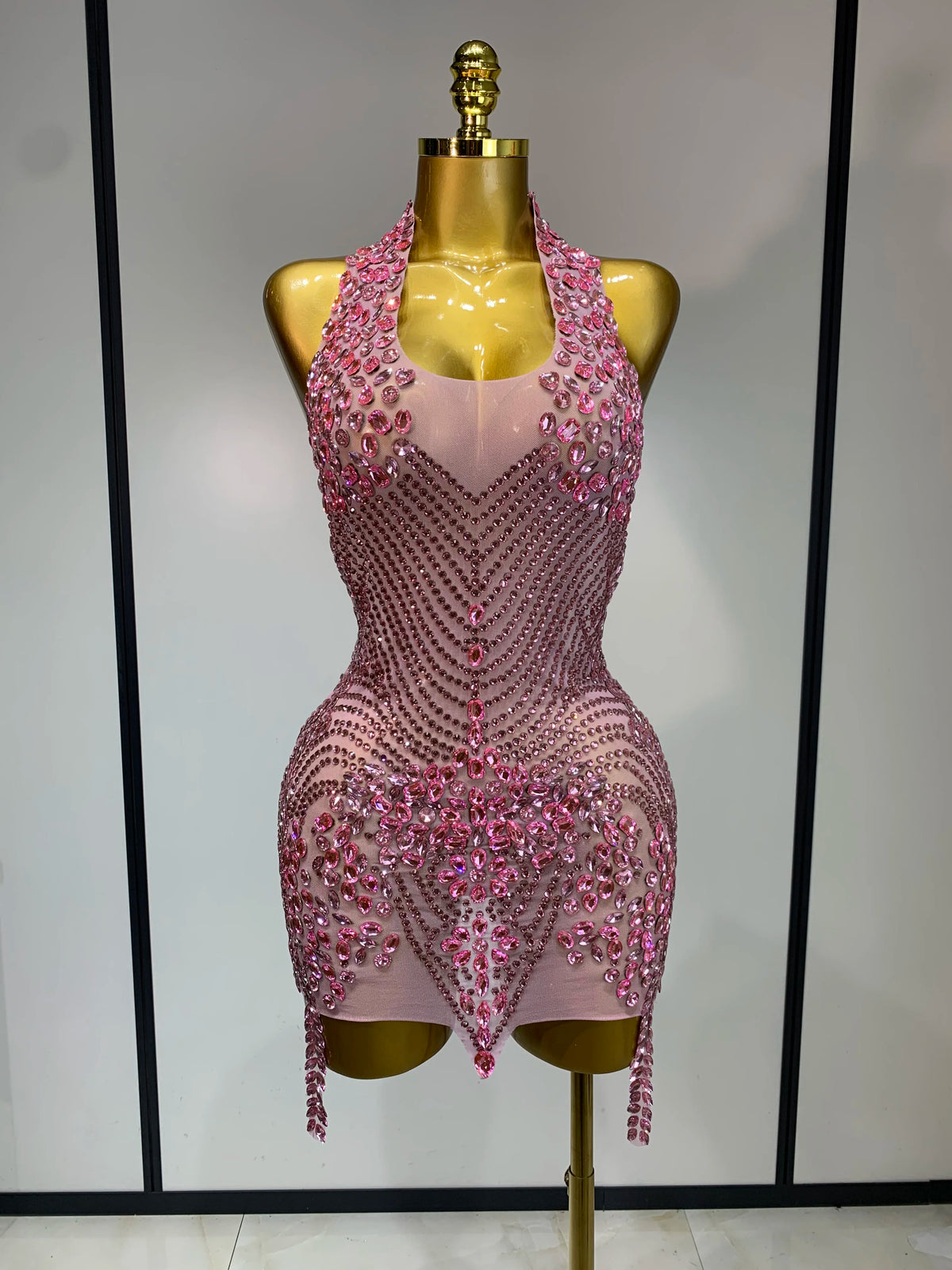 Women Sexy Halter Crystal Bodycon Mini Dress Celebrate Nightclub Performance Stage Outfit Luxury Birthday Photo Shoot Dress
