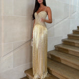 Sexy Wrap Chest Sleeveless Hollow Tassel Dress Fashion Backless Slim Fit Evening Gown Shiny Sequined High Waist Women Long Dress