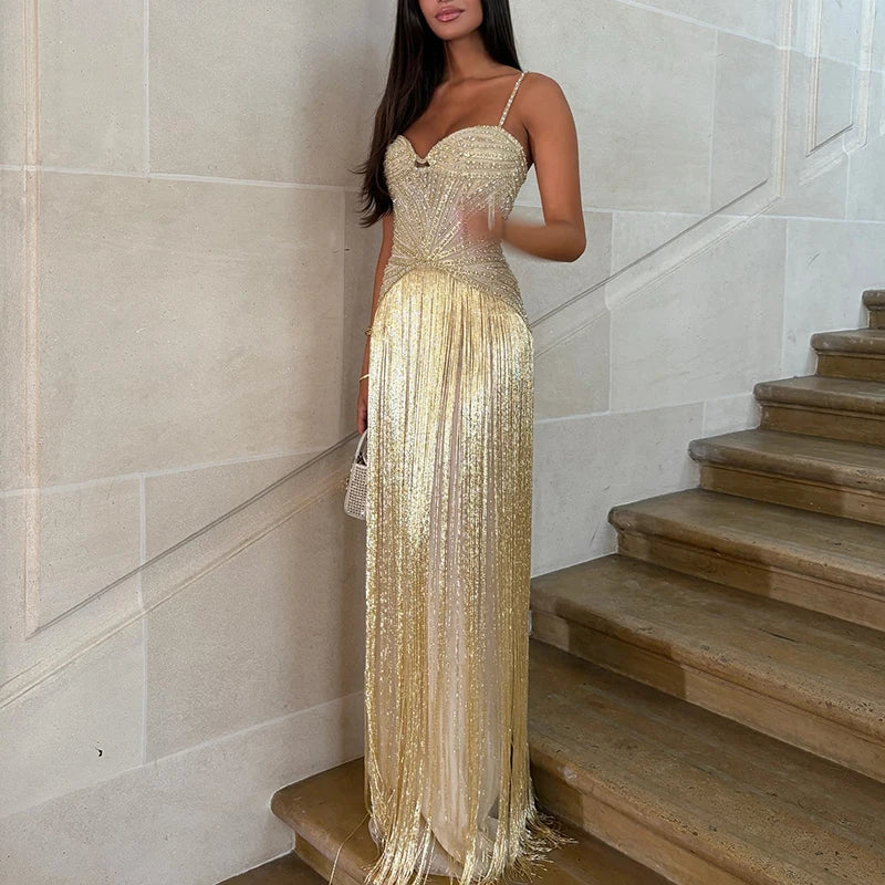 Sexy Wrap Chest Sleeveless Hollow Tassel Dress Fashion Backless Slim Fit Evening Gown Shiny Sequined High Waist Women Long Dress