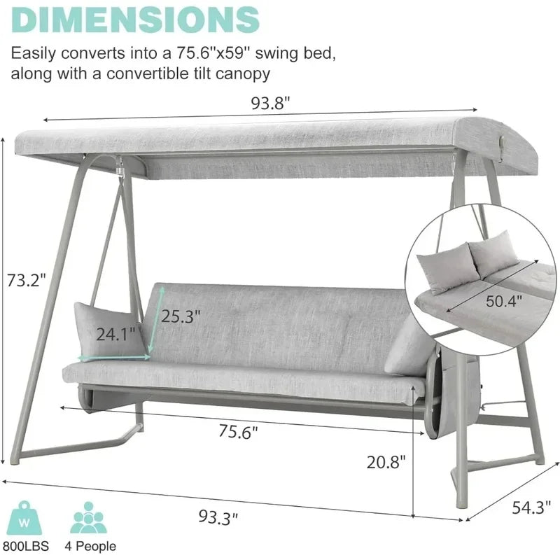 3 to 4 Seat Outdoor Swing Bed with Adjustable Canopy, 800 lbs Capacity, Includes Stand, Cushions, and Pillows