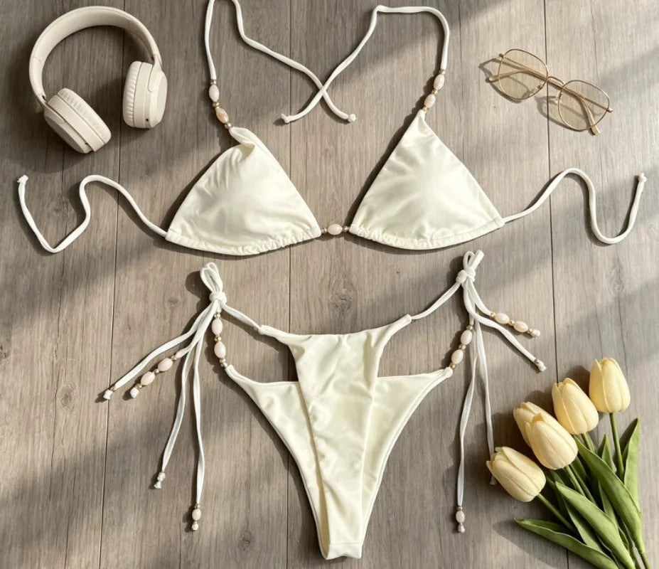 sexy beads plain bikinis sets three pieces with wrinkled long skirts swimsuits bathing suit swimwear biquini tankini trikini