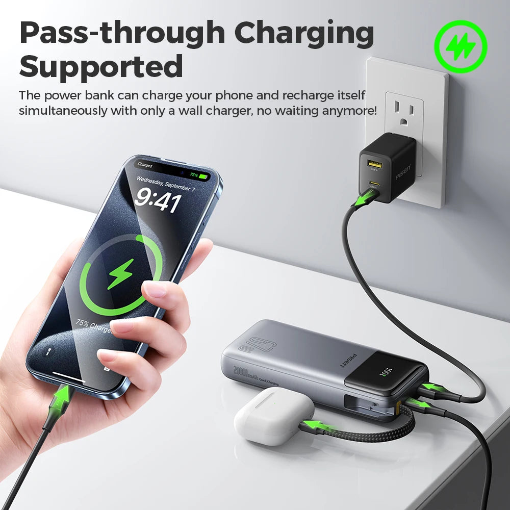PISEN 20000mAh 67W Power Bank With Fast Charging Cable External Battery For 65W Laptops/ 45W Samsung Phones/ iPhone & iPad