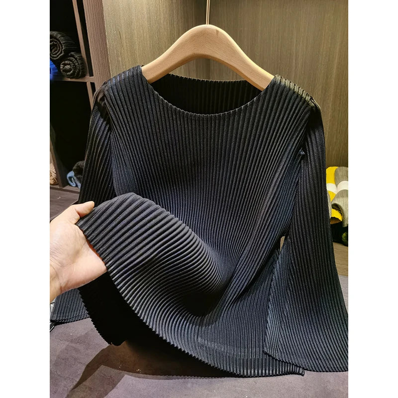 LANMREM High-end Turquoise Women's Pleated T-hsirt Flared Sleeve Long Sleeve Loose Fit Casual Stylish Pullover Top 2DB7543