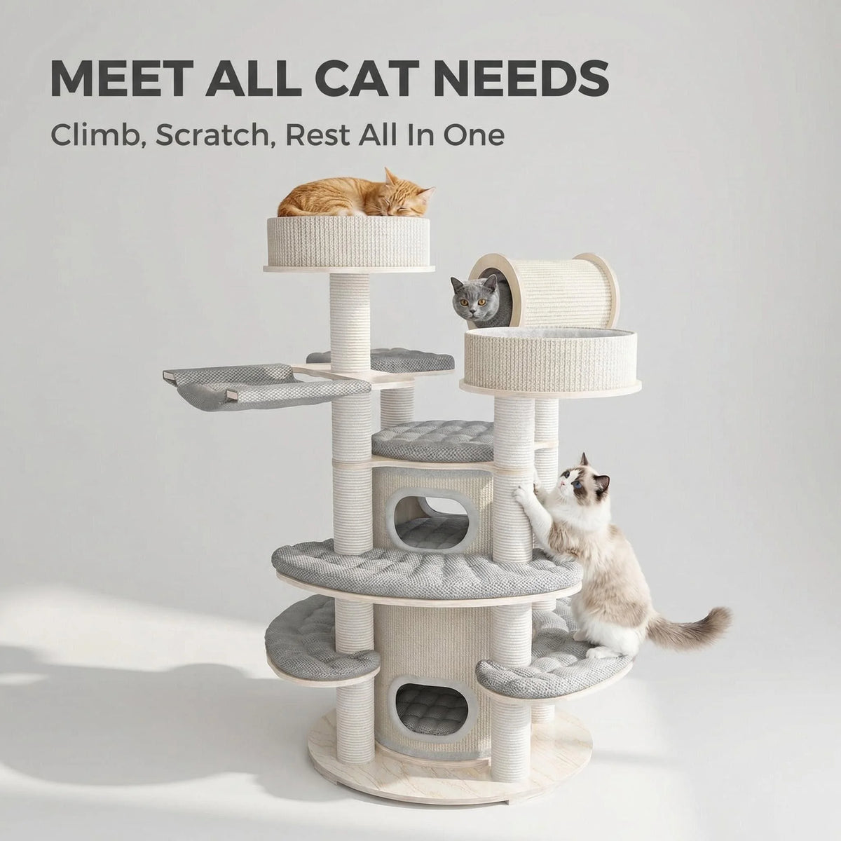 1.7m Extra Large Multi-Level Luxury Wooden Cat Tower E0 Plywood Cat Condo with Paper Rope Scratching Post for Multiple Cats