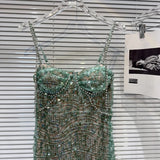 DEAT Heavy Industry Diamond Chain Pearl Suspender Dresses Women For Women 2024 Summer New Party Strap Dress Female 29L7707