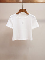 Women's Embroidered O-Neck Casual Tee Solid Color Short Knitted T-Shirt Summer Tops