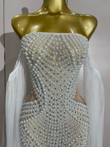 Elegant Sparkly Rhinestone White Pearl Sexy Strapless Mesh Long Dress Wedding Guest Gowns Luxury Birthday Evening Party Dress