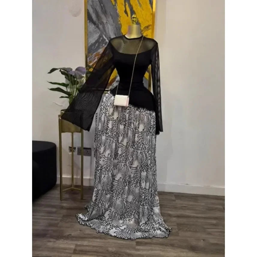 GLCMYAYA Women Mesh Print Full Sleeve O-neck Elegant Long Maxi Dress Fall Birthday Holiday Evening Sexy Party Dresses Vestidos