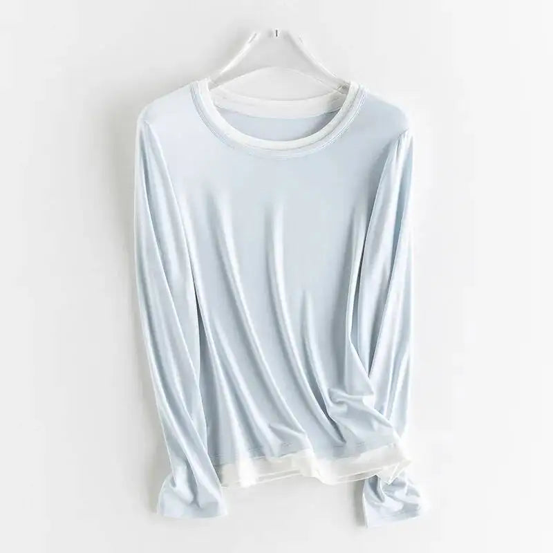Women Fake Two-Piece T-shirt Spring Summer 6%Silk Round Neck Long Sleeve Basic T-Shirts Tops