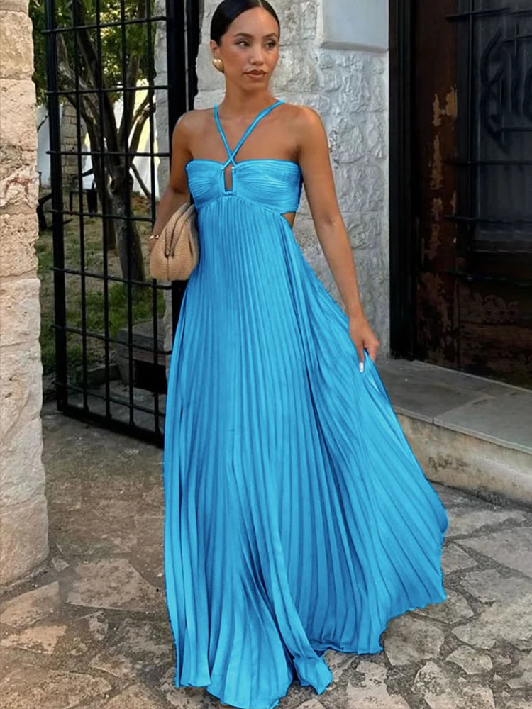 Blue Pleated Halter Long Dress Women's Solid Sleeveless Backless Lace-up Maxi Dress Summer Beach Vacation Evening Party Vestidos