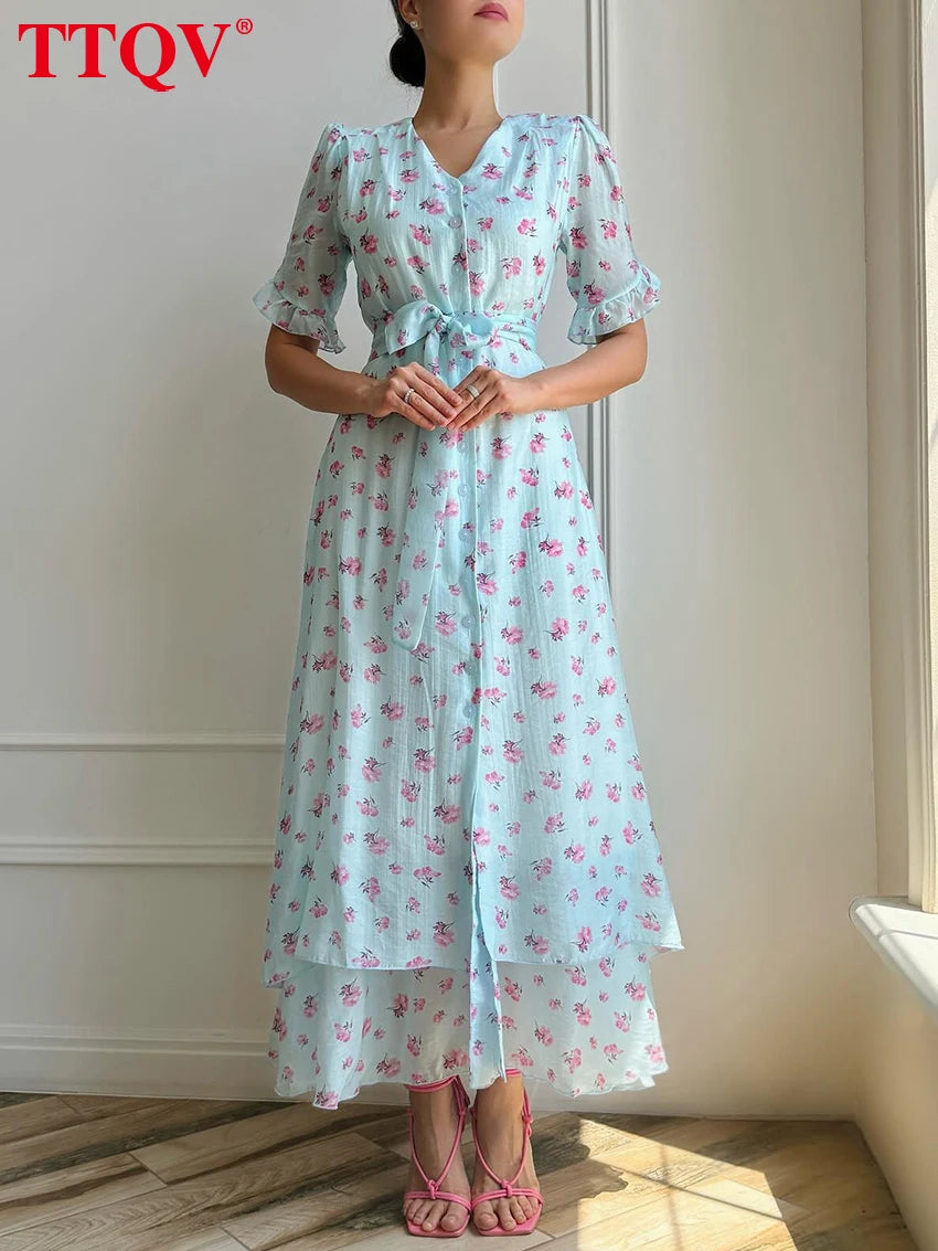 TTQV Summer Loose Print Women's Dress 2026 Fashion V-Neck Short Sleeve Ankle Length Dresses Elegant Classic Lace-Up Female Dress