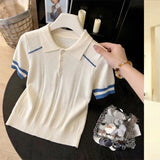 Women's Clothing Cool Silk T-shirt Summer Loose Knit Stripe Short Sleeve Casual Tee Lady Versatile Turn-down Collar Pullover Top