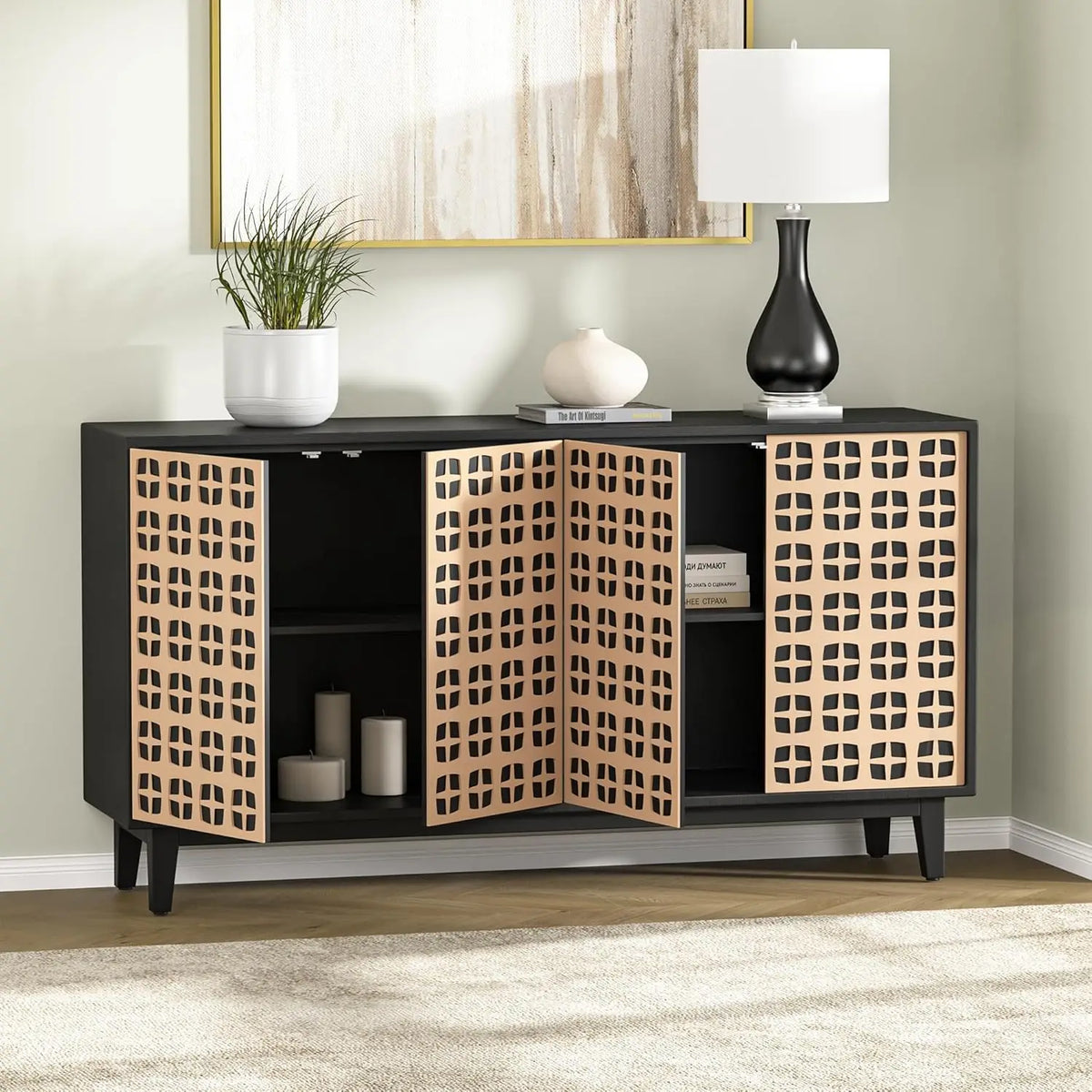 63" Storage Sideboard Buffet Cabinet w/ Doors & Adjustable Shelves for Living Room Entryway Black, Customized