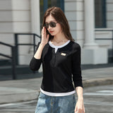 Deep Blue Long Sleeved T-Shirt for Women's Autumn New High-End Cotton Fashion Plus Size V-Neck Fake Two Piece Casual Top