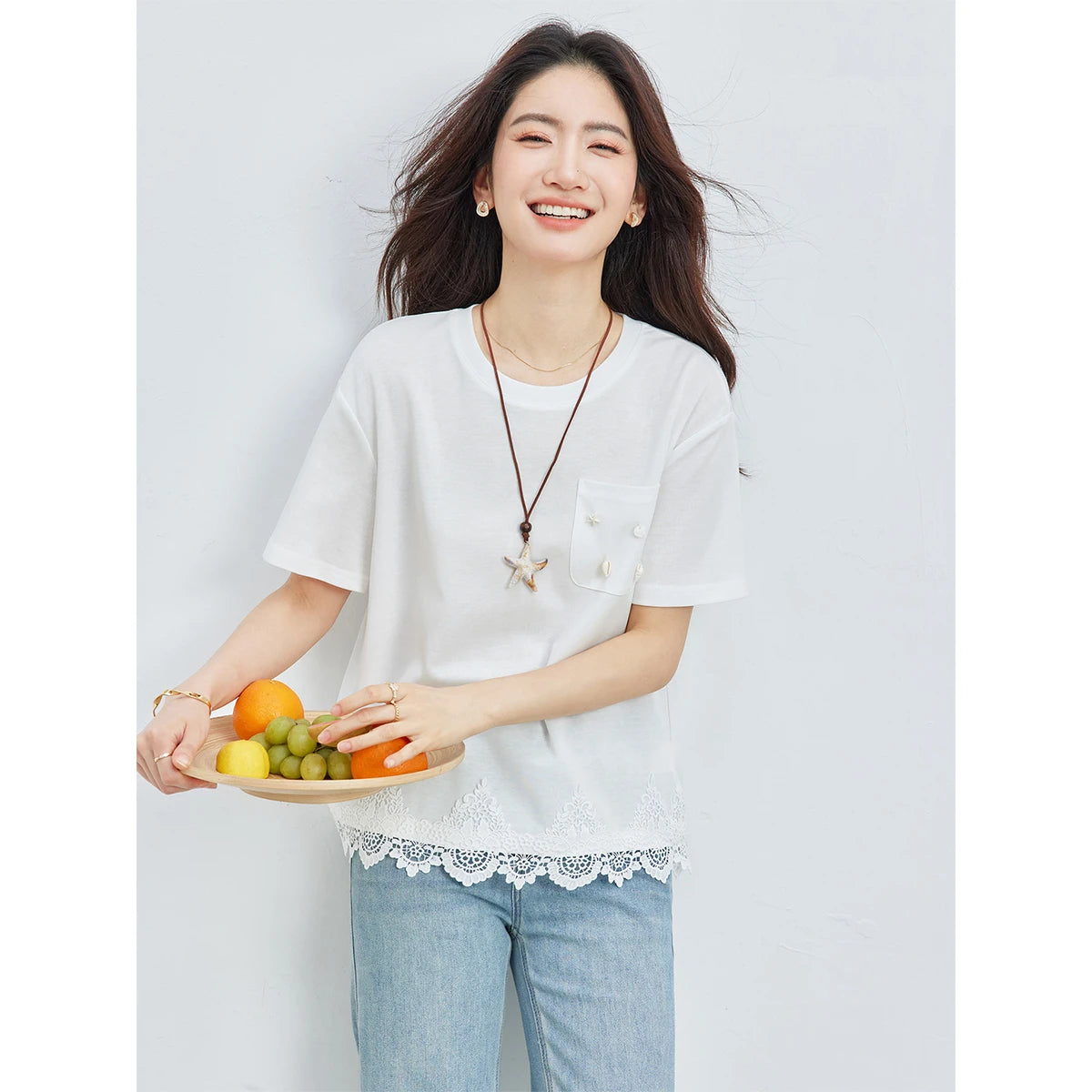 VIMLY French Simple White Short Sleeve Tee Women 2026 Summer Shell Pocket Lace Hem Loose Casual Mid-Length Knit T-shirt A6228