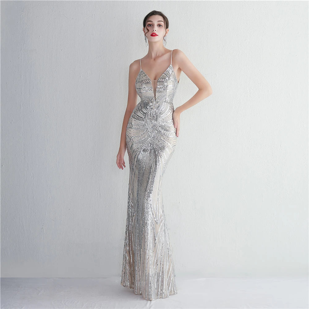 HBLL Women Strap Party Maxi Dress Sexy V Neck Evening Dress Celebrity Purple Sequin Dress Long Prom Formal Occasion Dress
