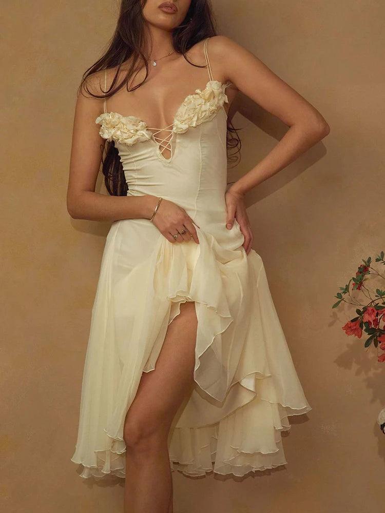 Floral Patchwork Backless Party Dress Elegant Women's V-neck Birthday Long Dresses Summer Sexy Camisole Slim Fit Irregular Dress