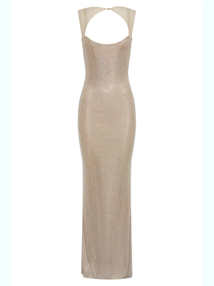 Sexy Square Collar Mesh Patchwork Diamonds Long Dress Women Backless Shiny Rhinestone Slim Dresses Evening Party Cocktail Gowns