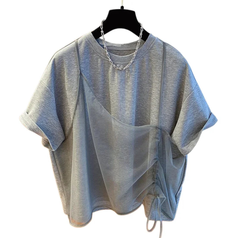 Fashion T Shirt Women Design Sense Niche T-shirt Loose Casual Stitching Vest Short Sleeve Tshirt Fake Two Piece