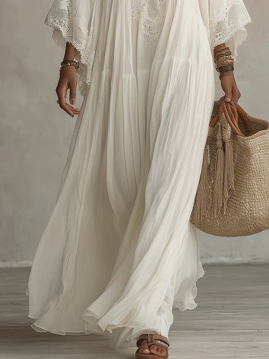 Beach Style Long Dress for Women White V-Neck Batwing Sleeve Lace Splice Elegant Loose Dress Summer Fashion Vacation Dresses