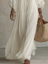 Beach Style Long Dress for Women White V-Neck Batwing Sleeve Lace Splice Elegant Loose Dress Summer Fashion Vacation Dresses