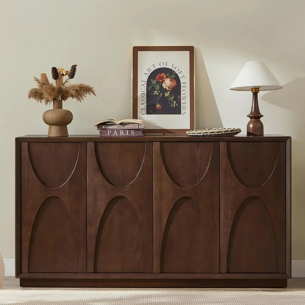 Retro Walnut Sideboard Cabinet with Magnetic Door, Adjustable Shelf for Living Room or Kitchen