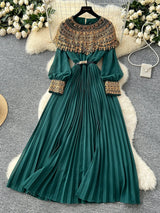 Spring Autumn French Sequin Nail Bead Long Sleeved Dress Women New Elegant Temperament Birthday Party Pleated Long Dress C227