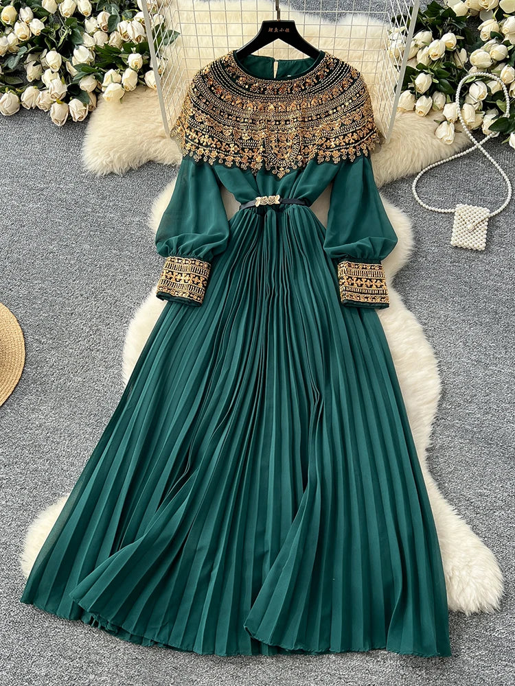Spring Autumn French Sequin Nail Bead Long Sleeved Dress Women New Elegant Temperament Birthday Party Pleated Long Dress C227