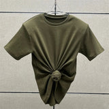Women's t-shirt 2025 summer New elastic knitted short sleeved top 3D flower decorated round neck pullover pure cotton crop top
