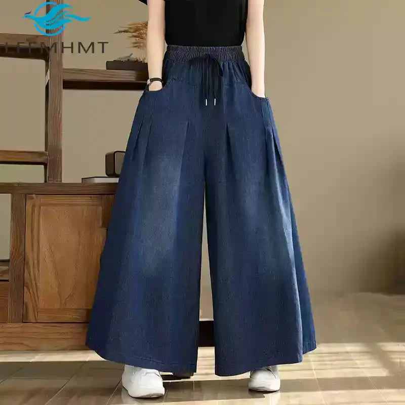 553 Women Blue Jeans Wide Leg Elastic Waist Solid Color Loose Casual Simple Basic Denim Pants Female Easy Match Spring Trousers