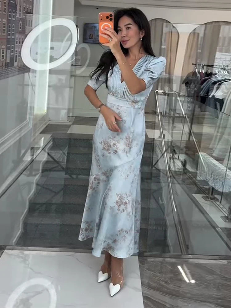 Elegant Floral Printed Satin Dress Pleated V-Neck Short Puff Sleeve Bodycon Dresses 2026 Spring Women Vintage Vacation Chic Gown