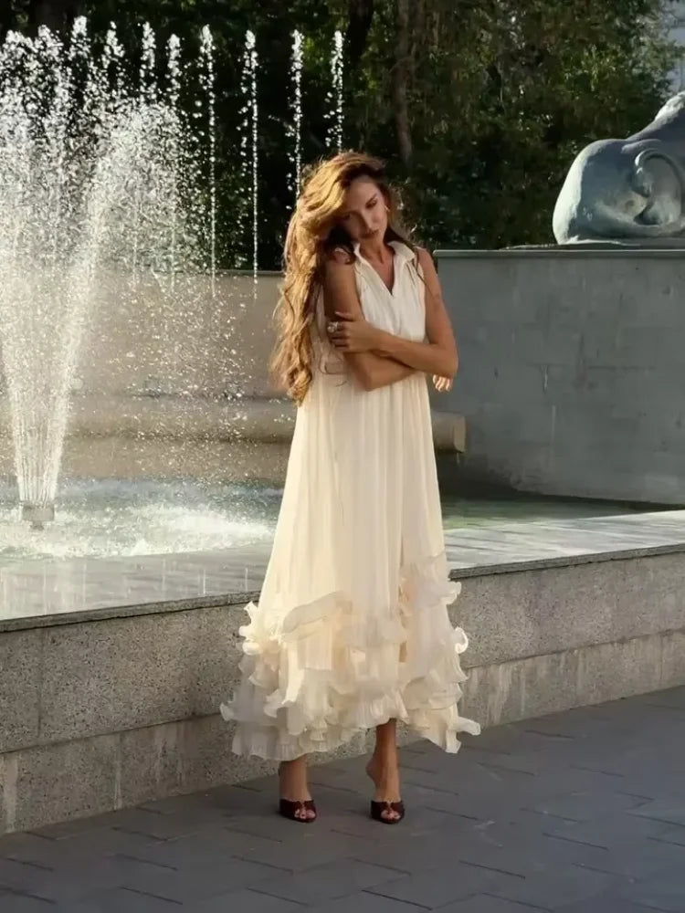 Solid Multi-layer Ruffled Maxi Dress Women's Elegant Sleeveless Off-shoulder High Waist Dresses 2026 Vacation Female Clothing