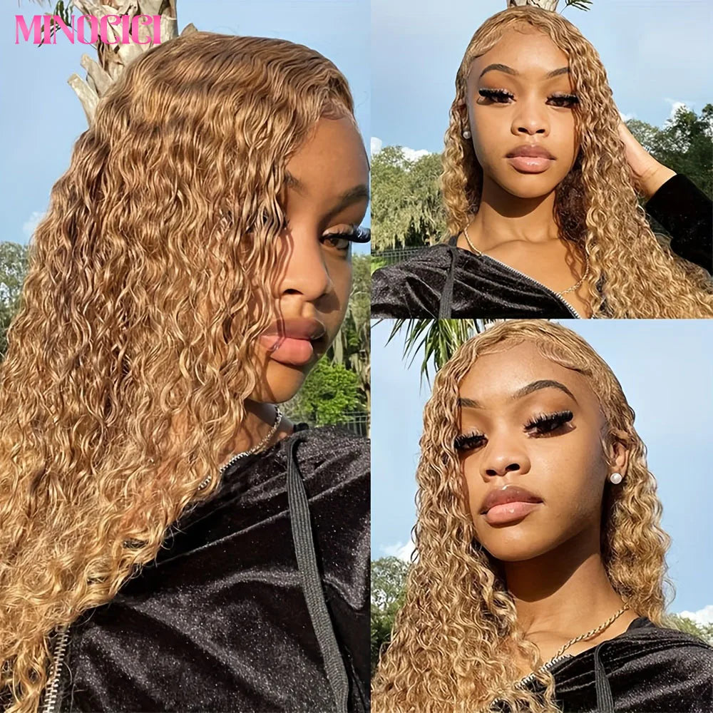 Deep Wave Honey Blonde Human Hair Wig #27 Curly HD Transparent Lace Front Wigs For Women Pre Plucked Wigs 200% Density 30 Inch