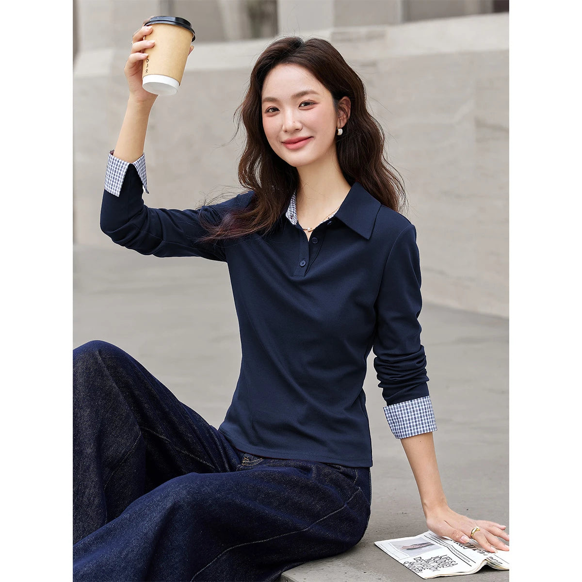 VIMLY Long Sleeve Knitted T-shirt Autumn 2026 Woman Casual New Turn-down Neck Gingham Cuff Strecth Female Tees Ladies Tops A2105