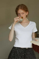 VIMLY Women's Casual V-neck Loose T-Shirt 2026 Summer Short Sleeve Cotton Blend Simple Commute Pullover Versatile Tees Top A0811