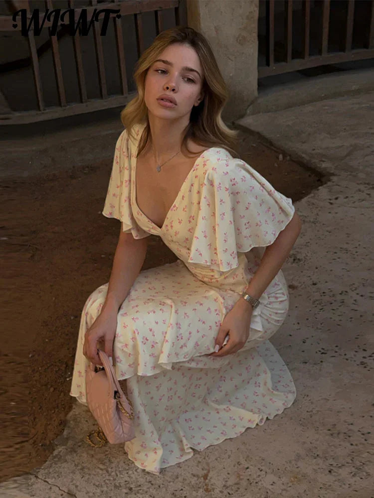 Floral Print 2026 Summer Lady Sexy V-neck Ruffles Short Flare Sleeve Split Midi Dresses Women's Slim High Waisted Party Vestidos
