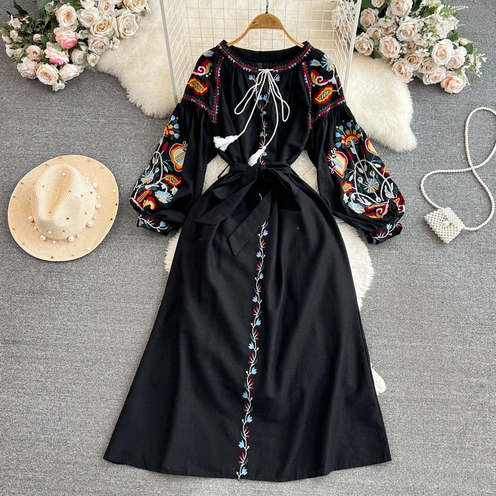 Retro Ethnic Sle Long Sve Embroidered round Ne A-Line Cotton Linen Dr Slimming Waist Cinched Ele Long Dr