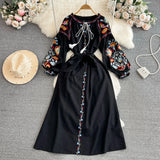 Retro Ethnic Sle Long Sve Embroidered round Ne A-Line Cotton Linen Dr Slimming Waist Cinched Ele Long Dr
