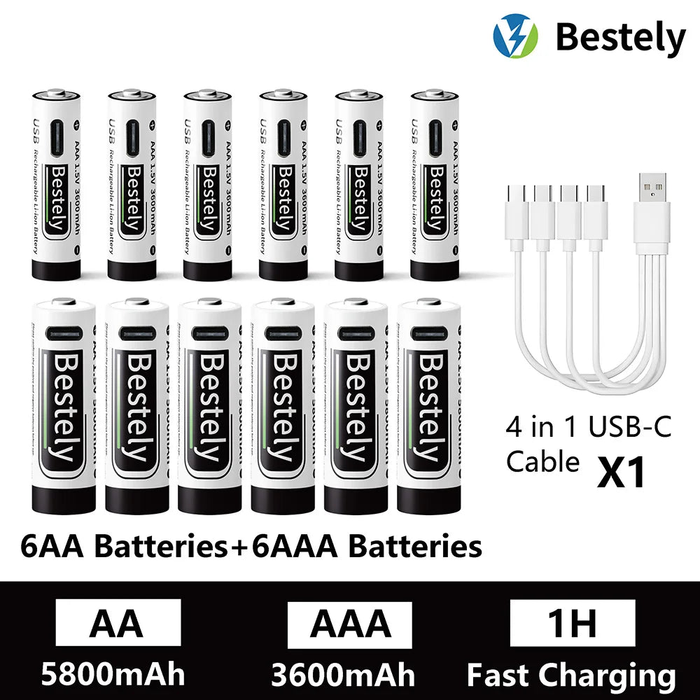 AA AAA Battery 1.5V 5800mAh and 3600mAh Lithium Rechargeable Batteries Fast Charging Li-ion Battery 2000 Cycles Type-C Cable
