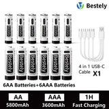 AA AAA Battery 1.5V 5800mAh and 3600mAh Lithium Rechargeable Batteries Fast Charging Li-ion Battery 2000 Cycles Type-C Cable