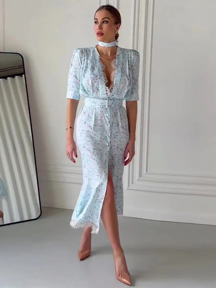 Deep V Neck Lace Trimmed Printed Dress Women Light Blue Tie Front Button Up Short Sleeve Robe Summer Lady Party Dresses 2026