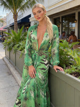 Women Green Tie Waist Long Sleeve Maxi Dress Deep V Lantern Sleeve Flowy Vacation Gown 2026 Seaside Street Holiday Party Outfit