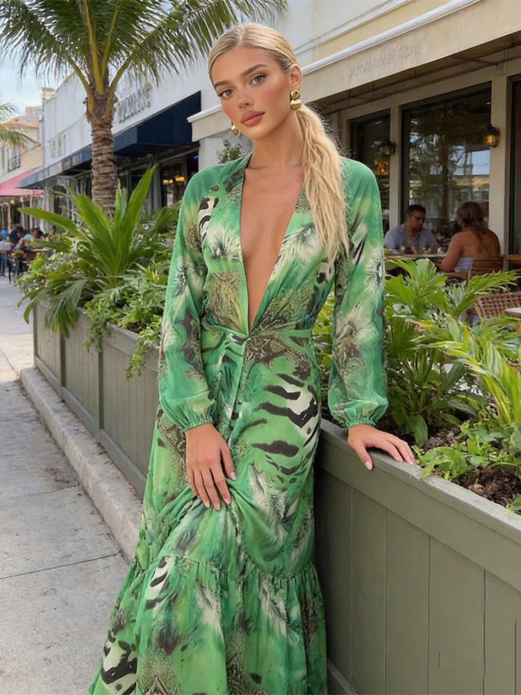 Women Green Tie Waist Long Sleeve Maxi Dress Deep V Lantern Sleeve Flowy Vacation Gown 2026 Seaside Street Holiday Party Outfit