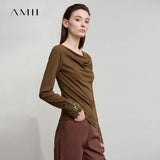 AMII Minimalist Women's Long Sleeve T-Shirt 2025 Autumn Simple Solid Asymmetric Drape Neck Lace Cuffs Tops Casual Tees 12543076