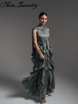 Sexy Cascading Ruffle Pleated Women Long Dress Fashion Lace Up Sleeveless Empire Female Dresses 2026 Spring Summer Lady Robe