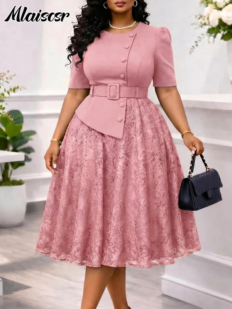 Mlaiscsr Classy Pink Mid Dress for Women Puff Sleeve A-Line Belted Waist Buttoned Top Floral Lace Overlay Dresses Brunch Church
